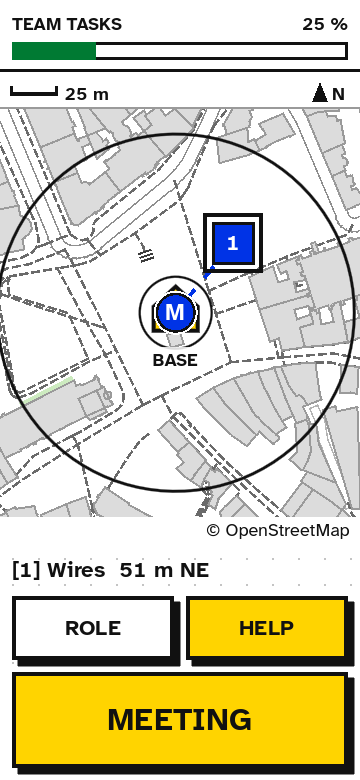 The play screen with the street map of a park, my marker, a numbered task marker, the distance to the next task, and Role, Help and Huddle buttons.
